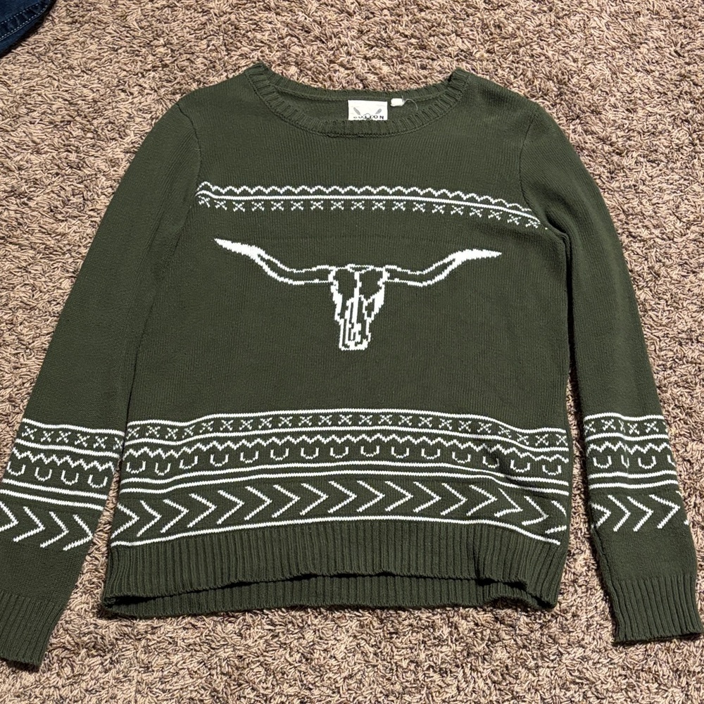 Olive Green Sweater with White Pattern